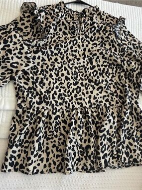 Women's Beige and Black Leopard Print Peplum Top